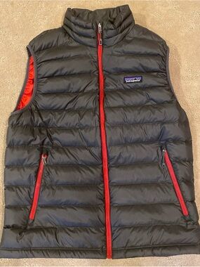 Patagonia Men’s Gray Puffer Vest with Red Trim